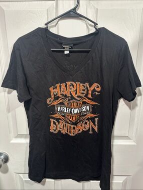Harley-Davidson Black V-Neck Tee with Orange Graphic